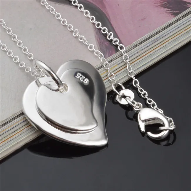 Cheap fashion jewelry 925 sterling silver double heart pendant necklace Valentine's Day gift for girls 