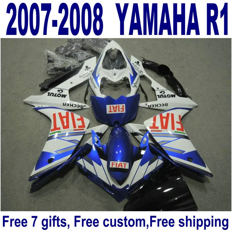 7 Gratis presenter ABS Bodywork Set för Yamaha Fairings YZF R1 07 08 Blue White Black Fairing Kit YZF-R1 2007 2008 YQ31