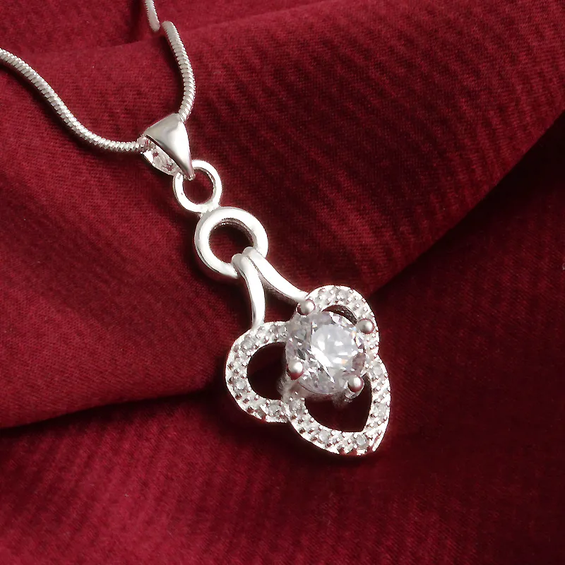 Frete grátis moda de alta qualidade 925 prata duplo coração branco jóias de diamante 925 colar de prata presentes de feriado do dia dos namorados quente 1669
