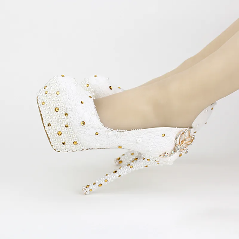 Maßgeschneiderte weiße Spitzen-Hochzeitsparty-Schuhe aus echtem Leder für Damen, Plateauschuhe mit Perlen, 5 Zoll Absatz, anmutige Brautschuhe
