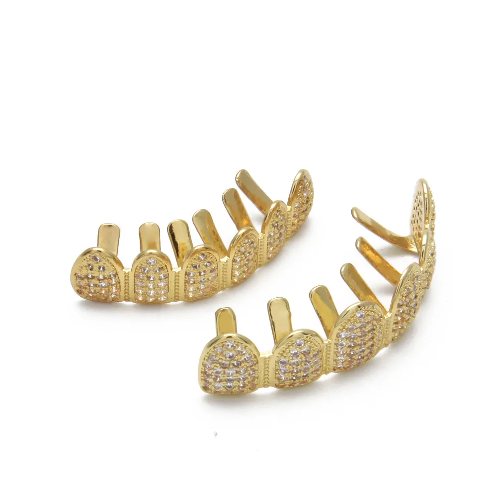 Gold Color Hip Hop Micro Pave Cubic Cyrkon Zęby Grillz Caps TopBottom Mężczyźni Kobiety Vampire Fangs Grille Set