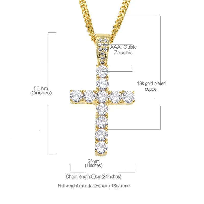 Hotsale крест ожерелье 18K желтое золото гальваническим крест кулон Цирконий для девочек женщин Hip Hop Jewelry NL-411