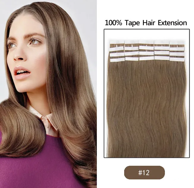 19 Färger Indisk Hår Skin Väft Remy Dubbelsidig Tape In On Human Hair Extensions 20st / 