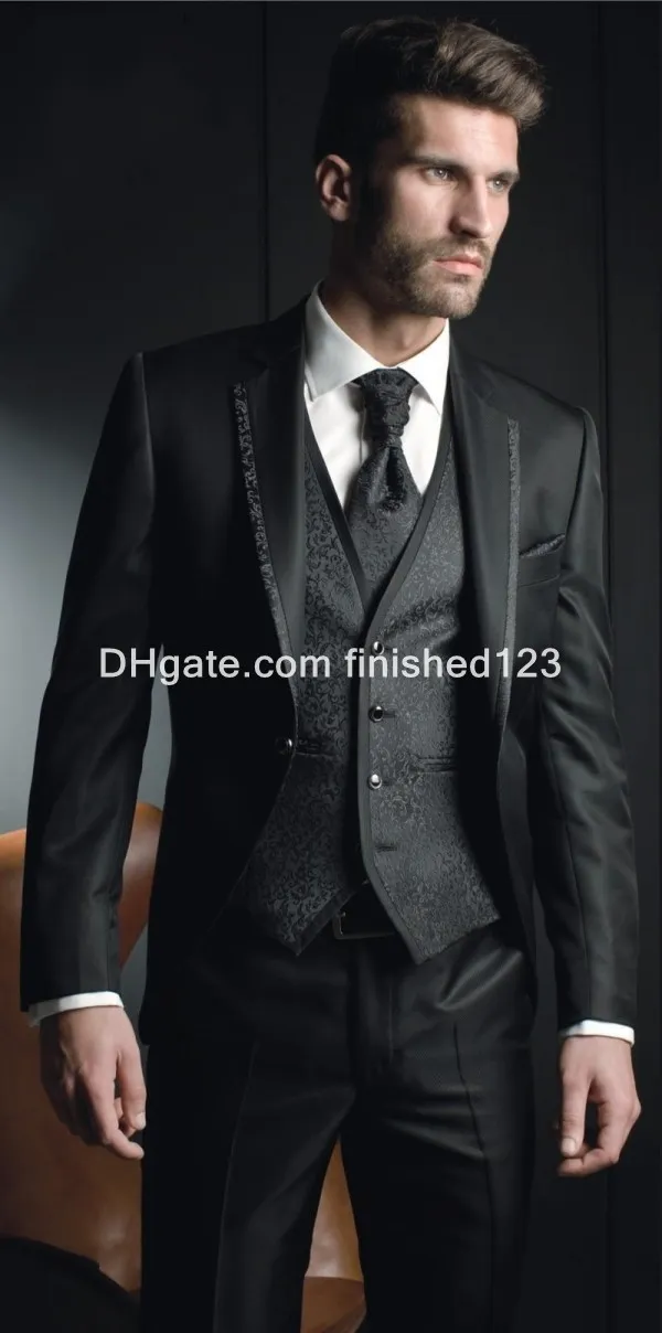 Hot Sale Slim Fit One Button Black Groom Tuxedos Notch Lapel Groomsmen Bästa Man Mens Bröllopskläder (Jacka + Byxor + Vest + Slips) G963