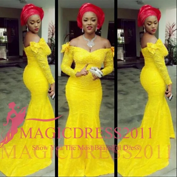 Robes de soirée de charme sirène Nigeria Aso Ebi Styles mode luxe arabe hors épaule grande taille jaune mère robes