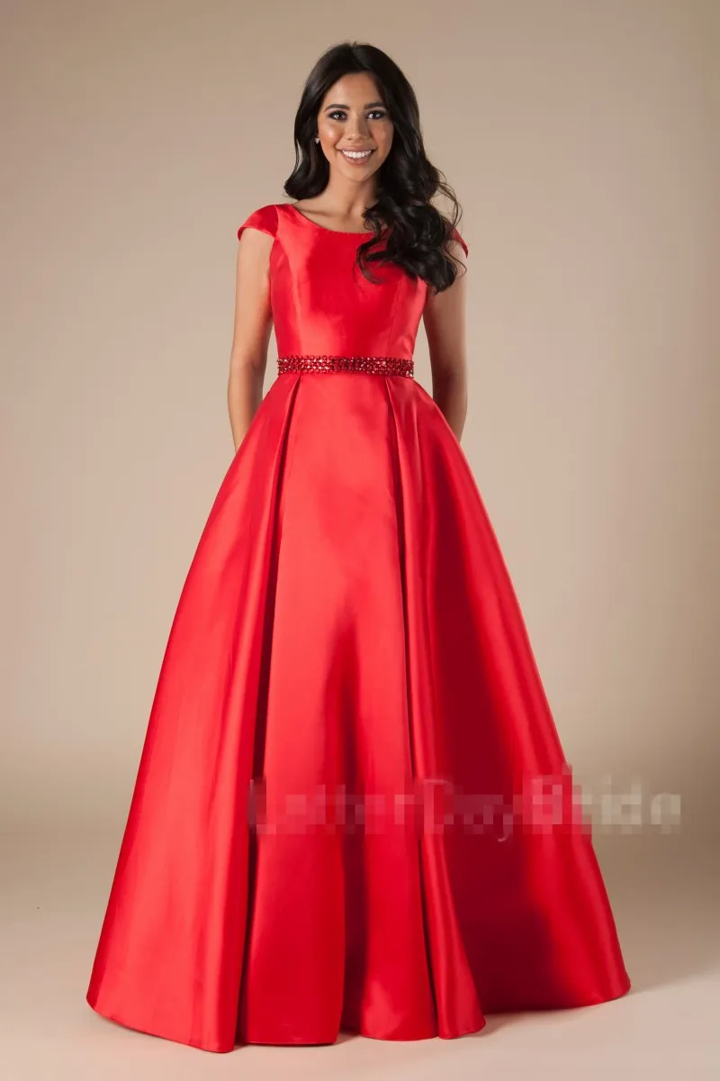 New Long Red A-line Modest Pom Dresses With Sleeves Pockets Satin Simple Elegant Teens Girls Formal Prom Party Gowns Custom Made F320v