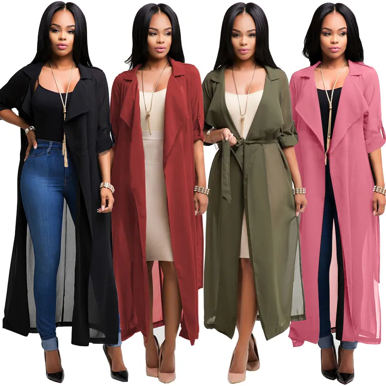 Fashion Long Trench Coat Women Half Sleeve Chiffon Shirt Cardigan Coats Kvinna Windbreaker Strap Till Midja Afrikansk Kläder Partihandel 4 Färger