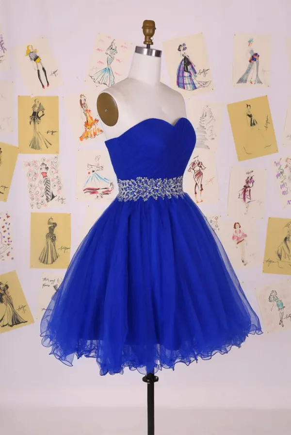 Royal Blue Sweetheart Sleeveless Prom Abito da sera Tulle Cocktail Girls Dresses Abito Short Laceup con paillettes Cristalli W3063745