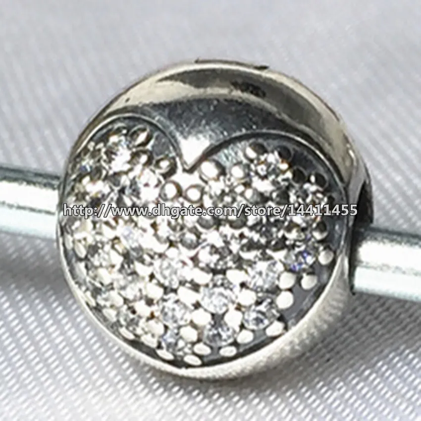 925 Sterling Silver Pave Heart Clip charm Bead with Cubic Zirconia Fits European Pandora Jewelry Bracelets Necklaces & Pendants