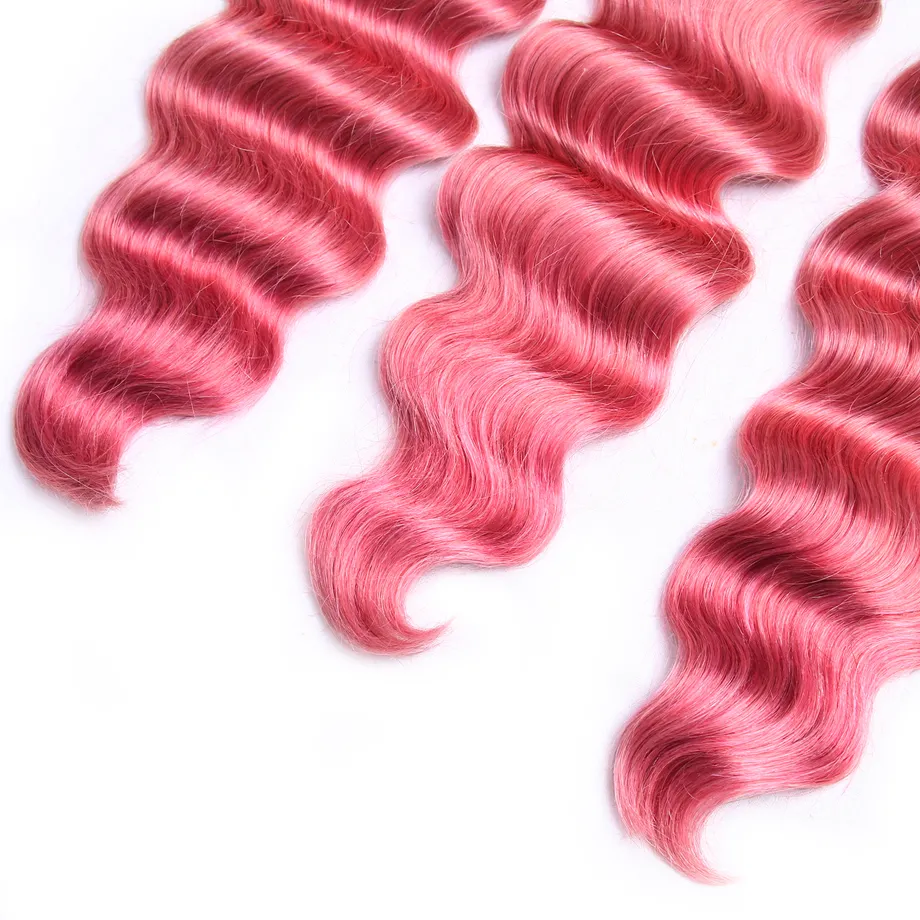 Two Tone 1b Pink Human Hair Deep Wave Pink Hair Bundles Russian Virgin Remy Hair Extensions Double Weft No Tangle & Shed