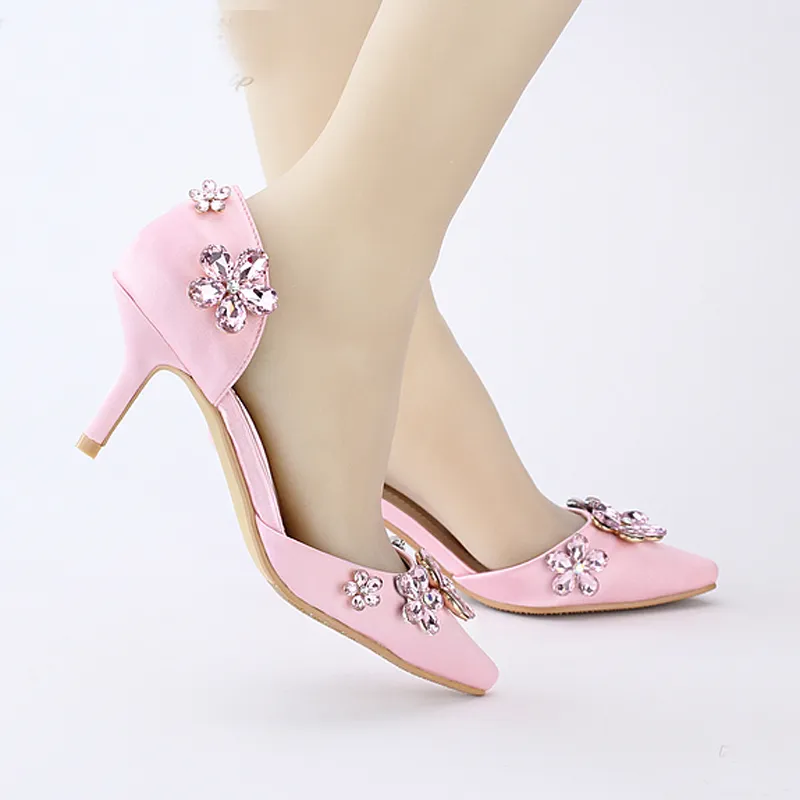 جميلة WeddingPointed إصبع اللون الوردي فساتين الساتان تفصيل أحذية الزفاف أحذية أداء أحذية هريرة كعب
