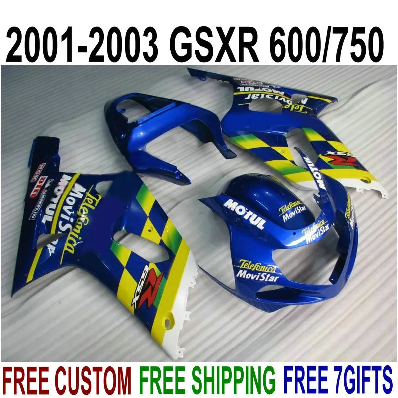 SUZUKI GSX-R600 GSX-R750 2001-2003 용 최고급 ABS 페어링 세트 K1 파란색 노란색 movistar 페어링 키트 GSXR 600/750 01 02 03 SK40