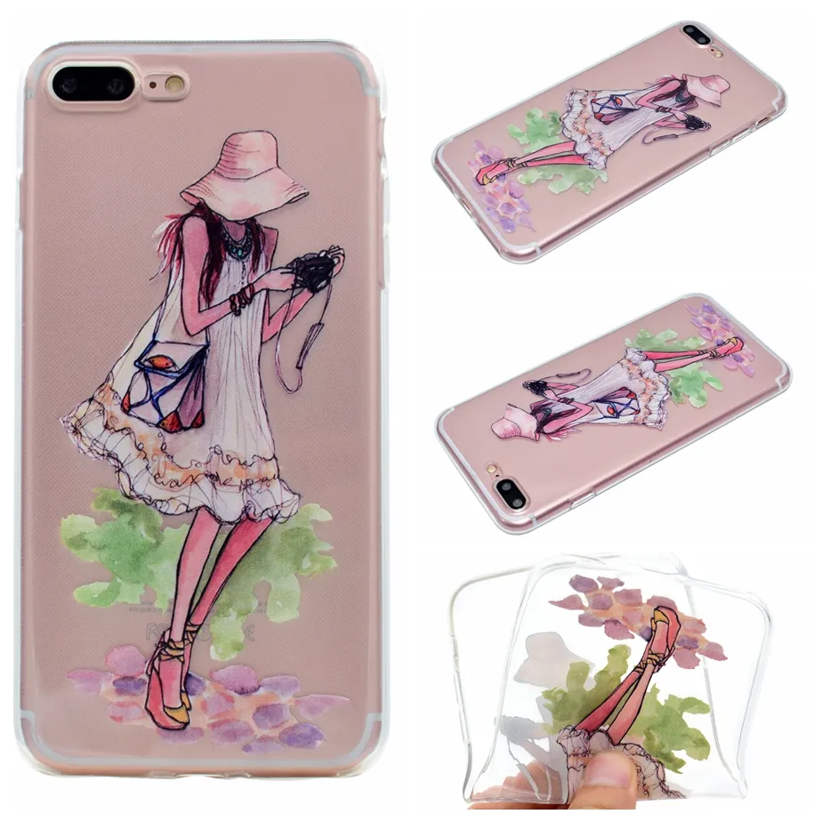 For iPhone 5 5s SE 6 6s 7Plus Case Transparent Clear Soft TPU Back Cute Girl Cover For iPhone 8 iPhone8 Plus Case