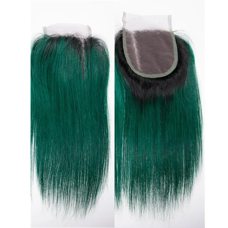 Ombre Black Dark Green Hair 3 Bundles With 4x4 Closure Silky Straight Virgin Human Hair Weft Extension With 1B Green Closure 4x4