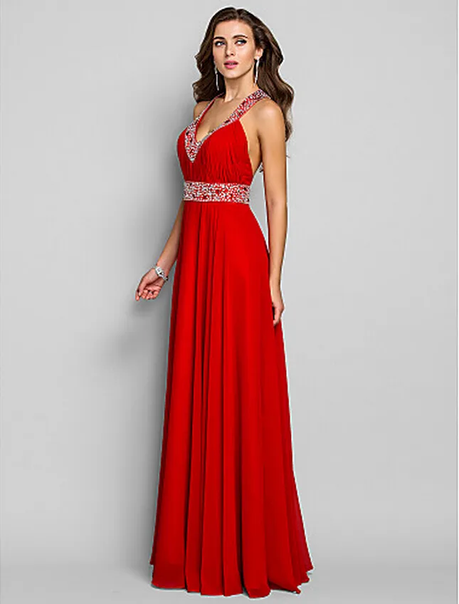 Ruby Plus Maten Schede / Kolom V-hals Vloer-lengte Chiffon Formele Avond / Militaire Bal / Prom Dress