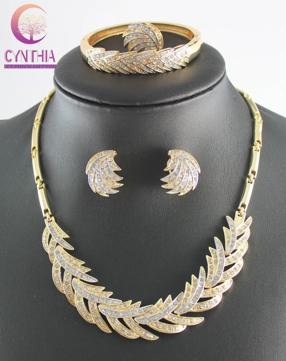 Moda Brincos Pulseira Anel Set Mulheres Presente Nova Moda Platinum / 18 K Real Banhado A Ouro Rhinestone Conjuntos de Jóias Africano