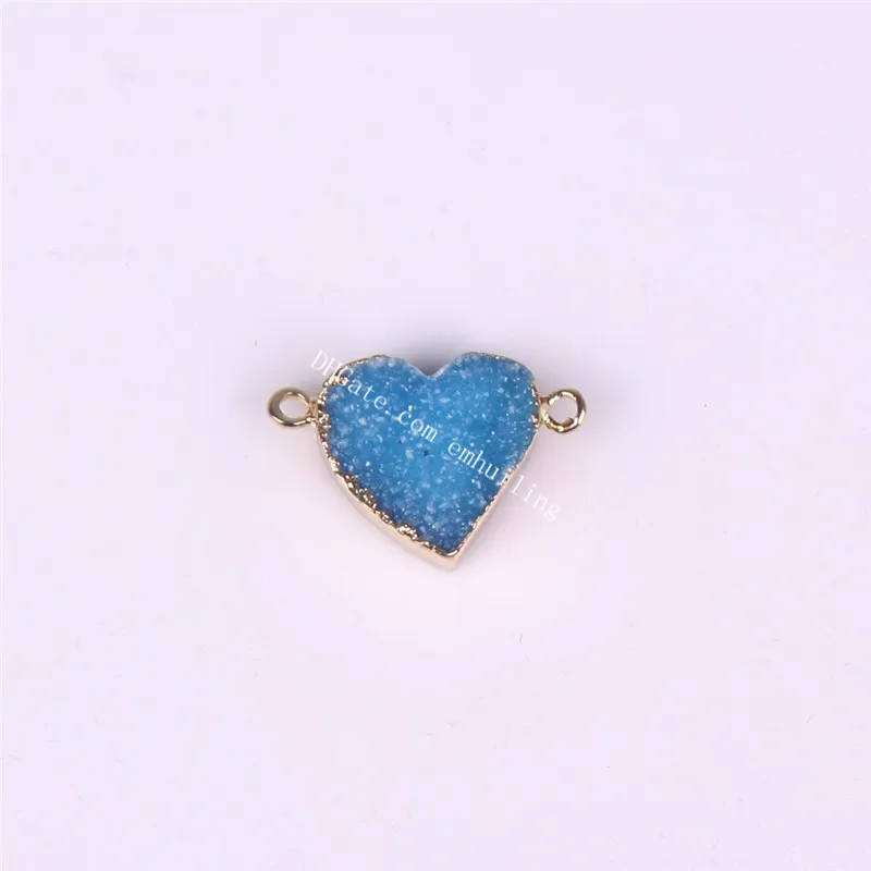 10 unids al por mayor color natural azul druzy ágata gemas forma de corazón colgantes doble fianza enlace crudo drusy cuarzo chapado con enchufes enchufes