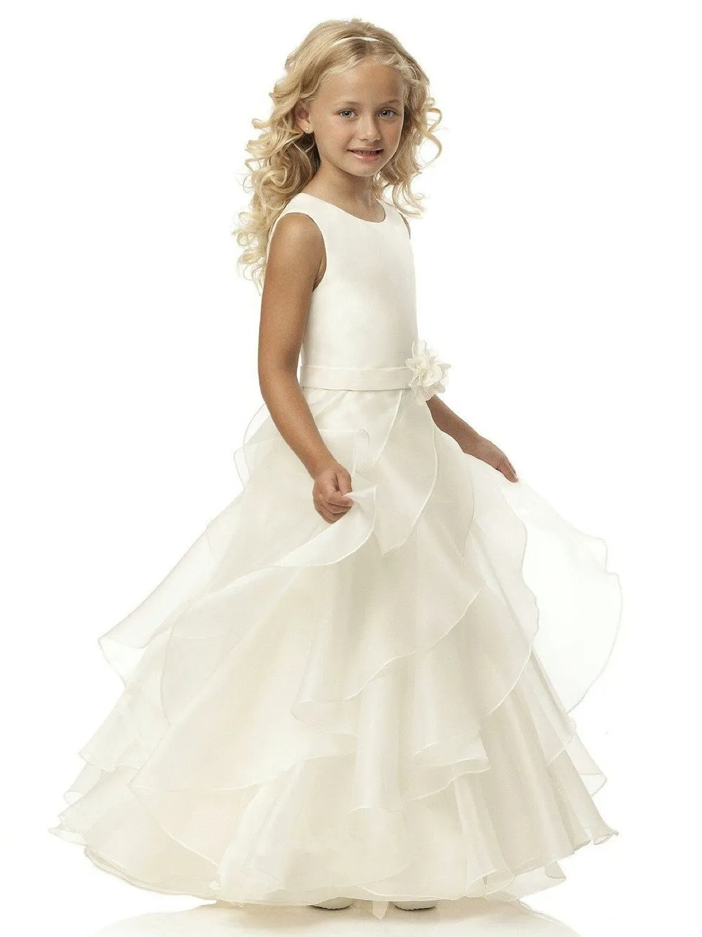 En linje Scoop Ivory Organza Girl's Pageant Dresses Golvlängd Blommande barn Formell slitage för bröllop HY1282