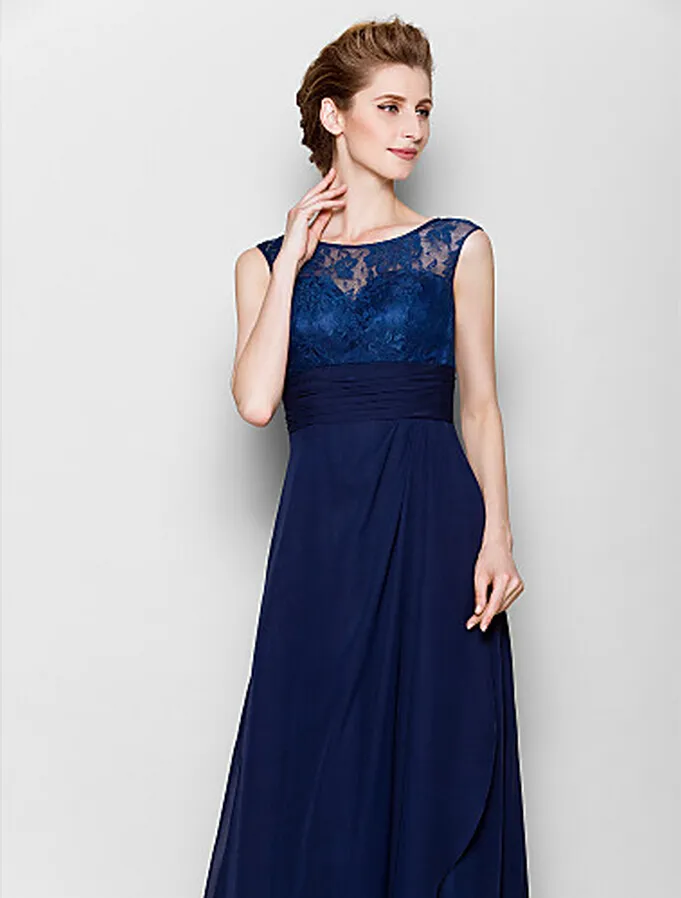 Dark Navy Mother of the Bride Dress Floor-length Sleeveless Chiffon and Lace Scoop Neck Mother's Dresses
