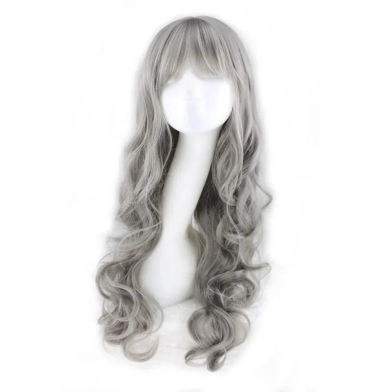 WoodFestival grey wig with neat bangs long curly synthetic natural wavy wigs grandmother gray hair women