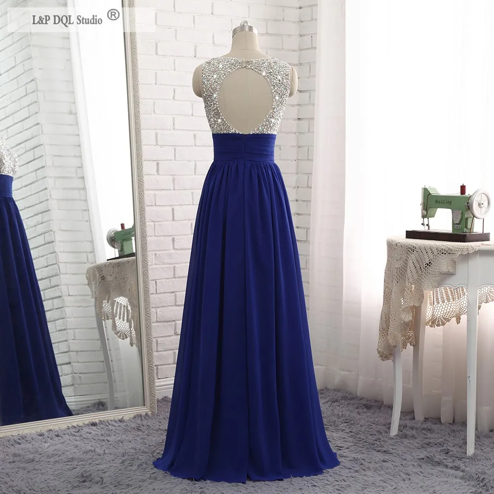 Espumante top vestidos de noite azul royal longo vestido de baile colher aberto para trás plissados ​​chiffon longo vestido formal