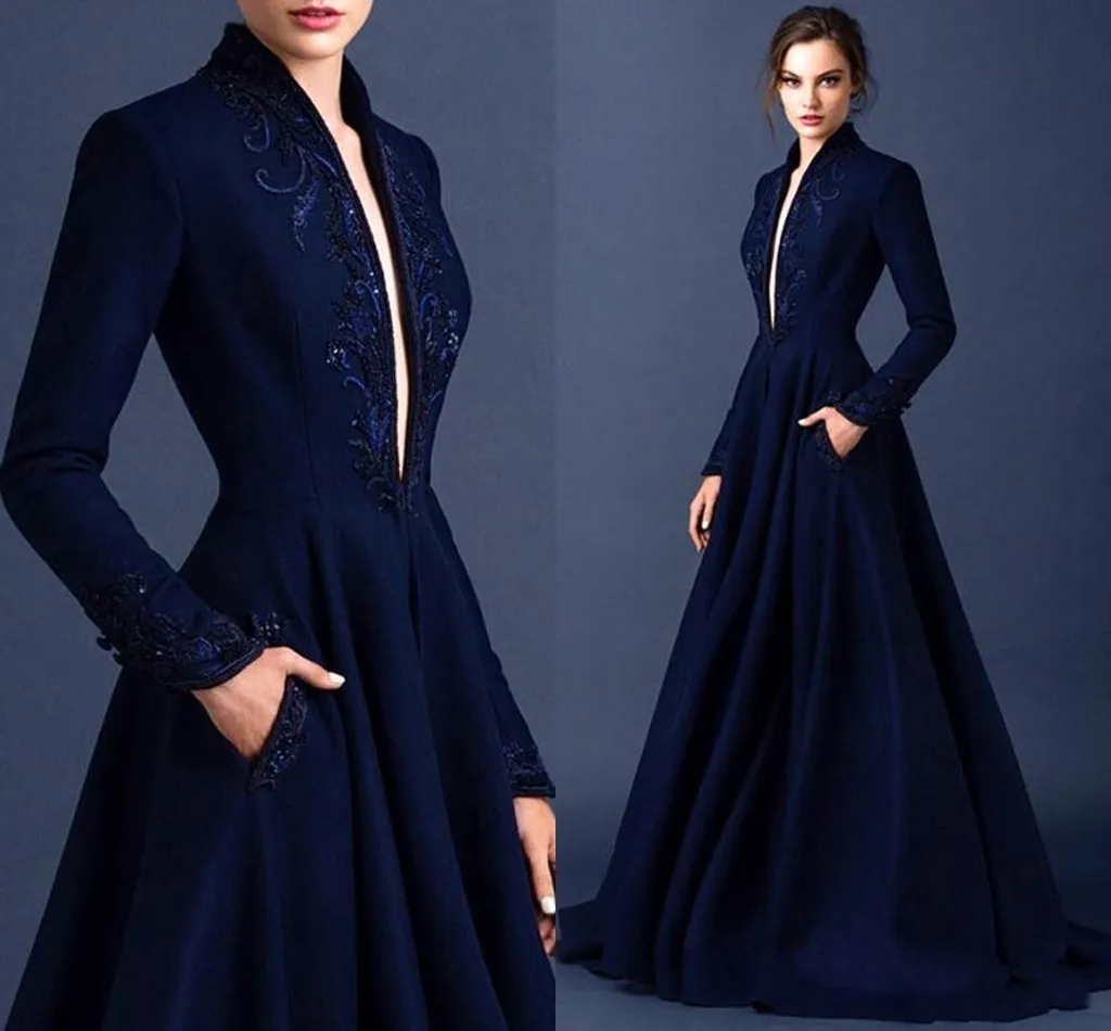 Dark Blue Modest Evening Dresses 2015 Embroidery Long Sleeve Ruched Satin Ellie Saab Dress Evening Wear Full Length Appliques Formal Gowns