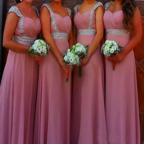 Oszałamiająca Royal Blue Dusky Pink Druhna Dresses Długie Formalne Zroszony Czapki Rękawy Wedding Party Maid of Honor Suknie Tania Wysoka Jakość