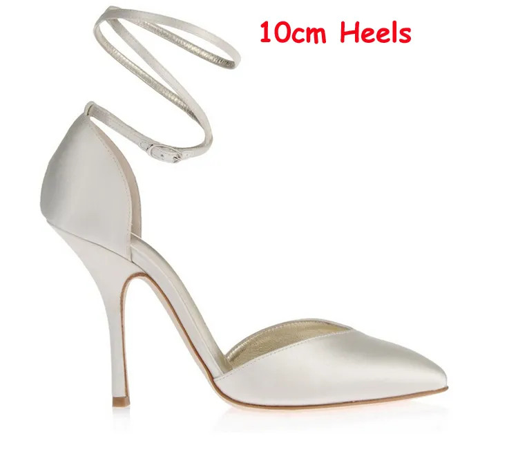 Mulheres Marfim De Cetim Sapatos De Salto Alto Sapatos De Noiva Feitos À Mão Elegante Festa À Noite Sapatos Dedo Apontado Tornozelo Correias Prom Party Shoes