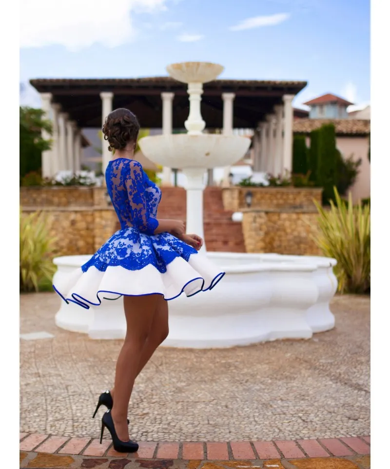 Sexy Half Mouwen Party Jurken Royal Blue Red See Through Pleats Ruffles Short Mini Formele Jurken Homecoming Graduation Jurk