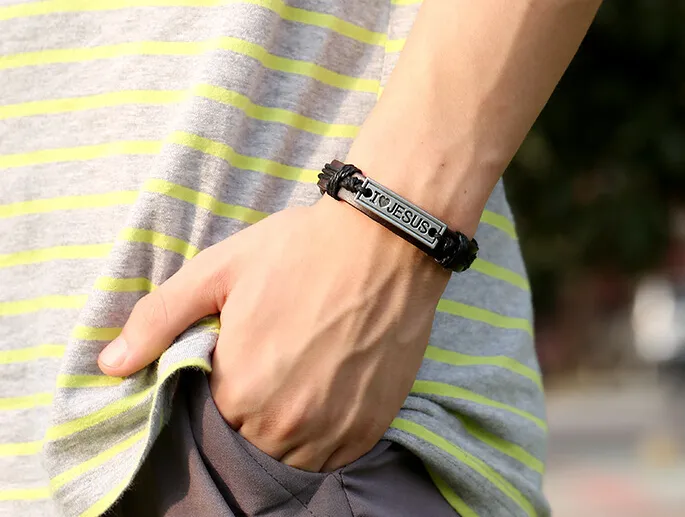2015 nieuwste versie punk stijl 100% lederen armband legering lo Jezus paar hennep touw verstelbare armband / 