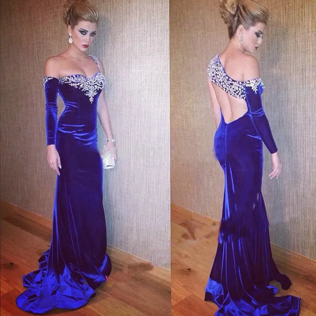 Royal Blue Evening Dresses One Shoulder Beaded Crystal Velvet Långärmad Red Carpet Celebrity Dresses Party Chowns