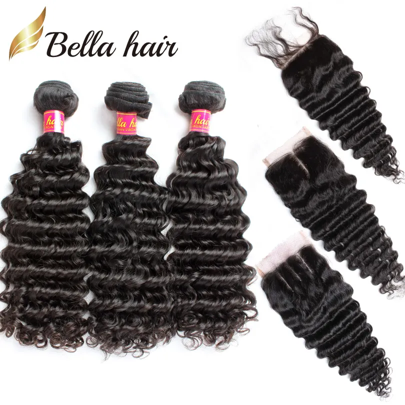 Bella Hair® 8A Lace Closure with Hair Bundles Brazilian Weave Weft Black Color Deep Wave Extensions Full Head