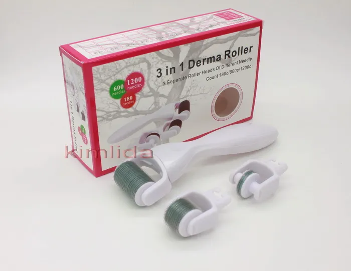3 i 1 kit Derma Roller Titanium Micro Needle Roller 180 600 1200 Nålar Skin Dermaroller för kropp och ansikte 0,5 1,0 1,5 mm Nålar Dermarol