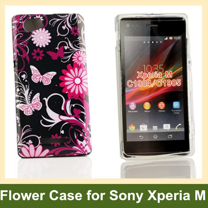 Cassa molle della copertura del gel TPU della stampa del fiore della farfalla del fiore di amore all'ingrosso per Sony Xperia M C1904 C1905 Trasporto libero