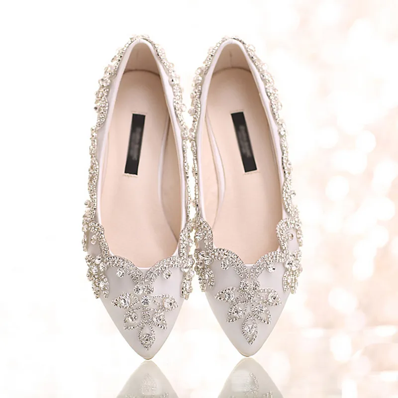 White Satin Diamond Wedding Shoes Flat Heel Women Rhinestone Bride Shoes Handmade Fashion Formal Dress Shoes