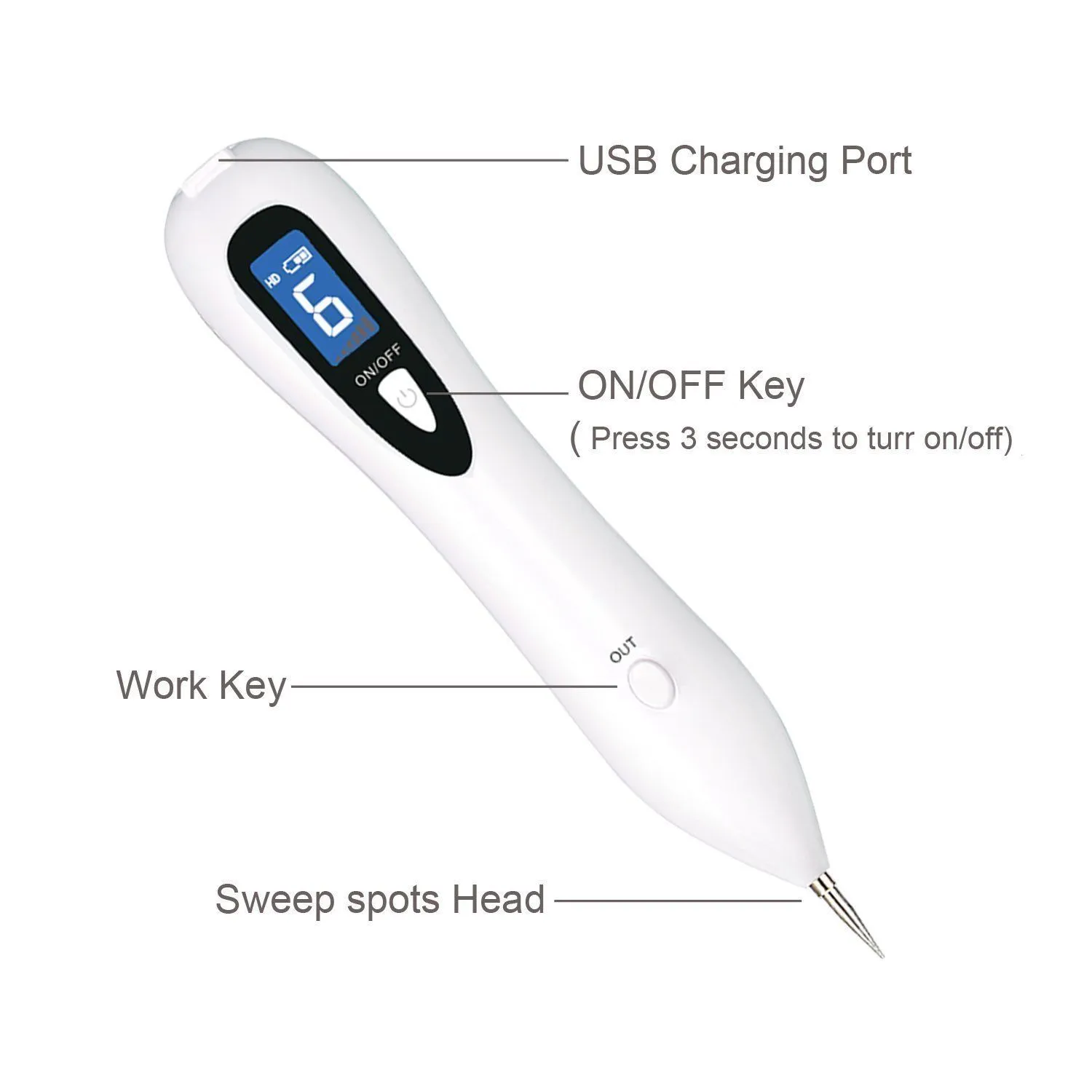 Portable LCD Laser Plasma Pen Mole Tattoo Remover Eliminación de manchas oscuras Facial Peca Etiqueta Verruga Máquina para el cuidado de la piel