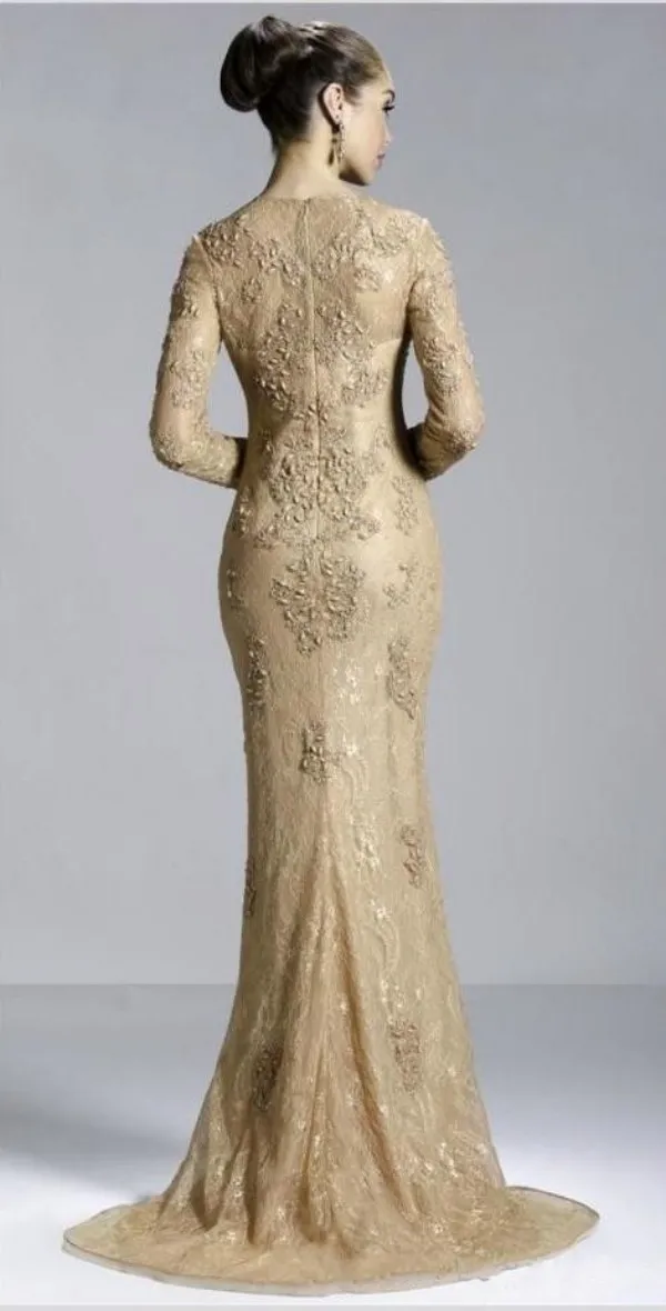 Gold Sexy Langarm Juwel Abendkleid Reißverschluss Sweep Zug Formelle Kleider mit Applikationen Arabisches Kleid Spitze