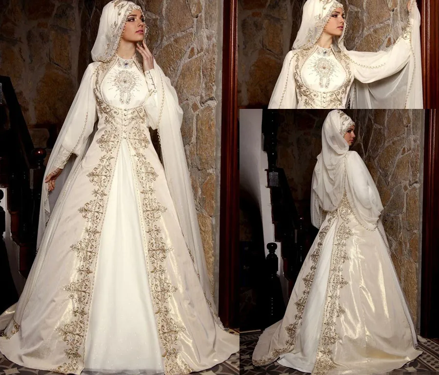 Bescheidene Kleidung 2019 arabische muslimische Brautkleider mit langen Ärmeln High Neck Gold Stickerei Perlen Luxus Braut Ballkleid mit Mantel