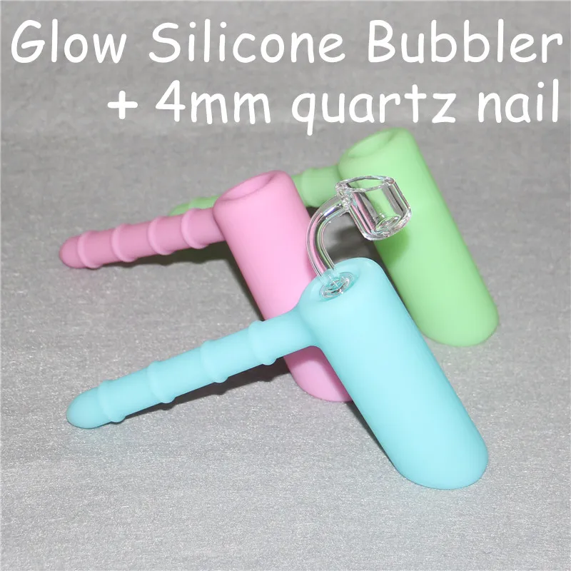 Glöd i mörk silikon hammare bubblers med klar 4mm 18.8mm Man Quartz Nails Silicone Showerhead Bong Silikon Bubblers Rökning Rör