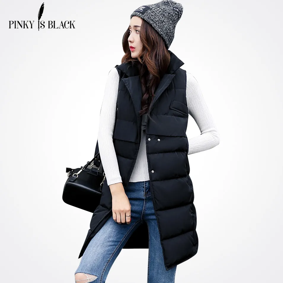 x201711 Pinky Is Black 2017 Women Winter Vest Waistcoat New Women Long Vest Sleeveless Jacket Suit Collar Down Cotton Warm Vest Female