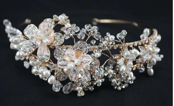 2015 Gold Vintage Brautschmuck Kopfstück Imitation Perlen Haarzubehör Kristall Haar Band Stirnbänder Brautkrone Tiara Hochzeit2767