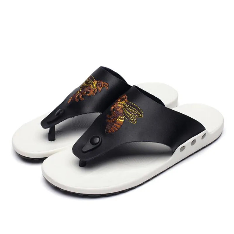 Sommer Flip-Flops Herren Sandalen Hausschuhe Lässige Lederschuhe Echte Walk Along the Sea Bee Printe Slide Strand Hausschuhe Herrenschuhe