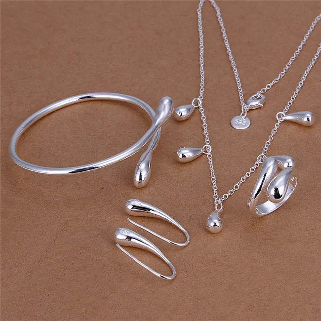 Factory price 925 sterling silver plated water drop necklace & earrings & bangles & Rings Fashion Jewelry Set wedding gift free shipping