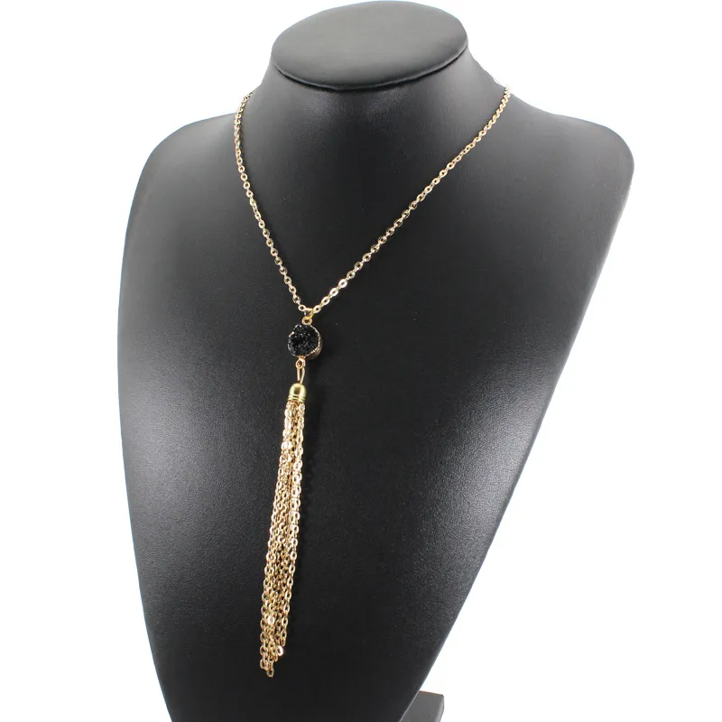 Modeharts druzy drusy halsband guldpläterad oregelbunden faux sten tofs långa halsband för kvinnor Böhmen smycken