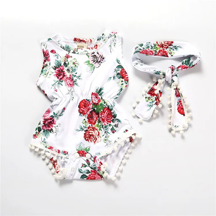 2019 Summer Baby Girl Pagliaccetti Pretty Flower Pagliaccetto con nappe + Fascia capelli Abbigliamento neonate Tute floreali Tute bambina