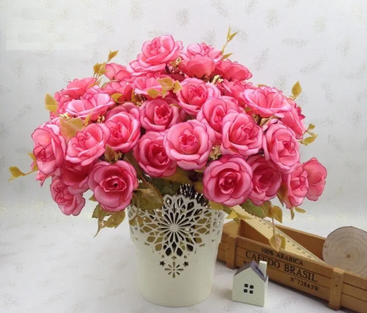 5 Buketter En bukett 14 Head Artificial Handgjorda Rose Flower Heads for Wedding Home Hotel Office Bridal Bouquet Decoration