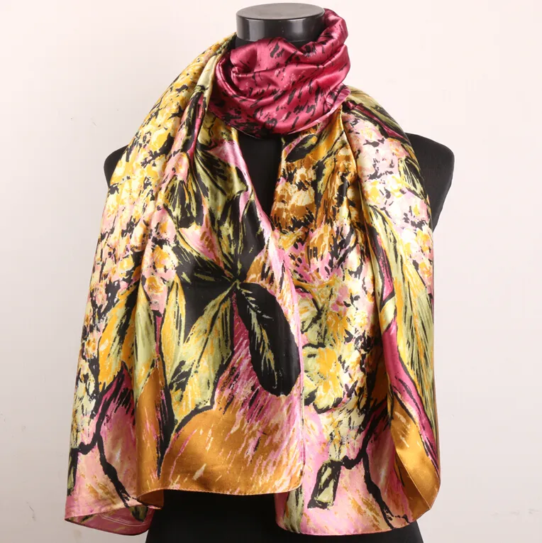 1ピーチピーチプラムゴールドユリの花と葉スカーフ女性のファッションサテン油絵ロングラップショールビーチシルクスカーフ160x50cm