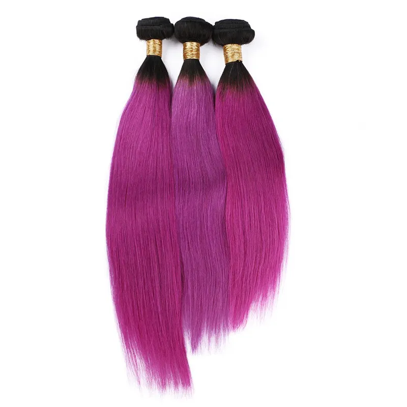 Straight 1b Hot Pink Dark Root Ombre Peruvian Virgin Human Hair Extensions Rose Rosa 2Tone Ombre Virgin Remy Human Hair Weave Bundlar