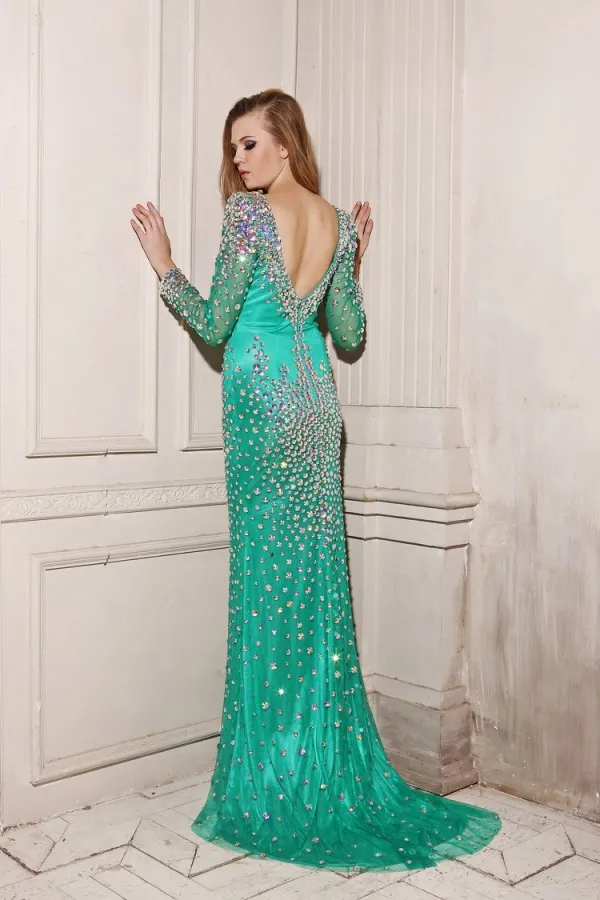 Gorąca Sprzedam Celebrity Suknie wieczorowe z Sexy Luksusowe Bling Zroszony Kamienie Głębokie V Neck Sheer Z Długim Rękawem Backless Mermaid Prom Dresses 2015