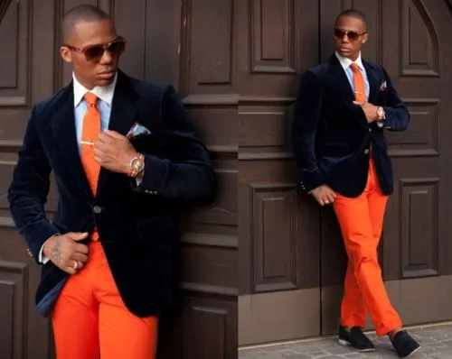 Black Velvet Tuxedos For Men with Orange Pants, Handsome Mens